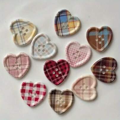 10pcsCute Plaid Heart Shaped Button | Material, Mixed Color, For Coat Cardigan Sewing Decoration Women'S Clothing Sewing Additions