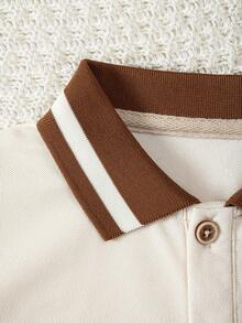 两件套男童时尚学院风套装，休闲撞色滚边刺绣细节短袖Polo衫+优雅纯色格纹袖口口袋细节短裤，适合休闲、通勤、上学、假日聚会、晚间活动等场合。 - 杏色 - 查看 4