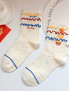 1 Pair Women's Fries, Burger, Ribbon Sauce Print Breathable Mid-Calf Socks, Streetwear Style For Everyday Use, Spring/Autumn - Multicolor - View 6