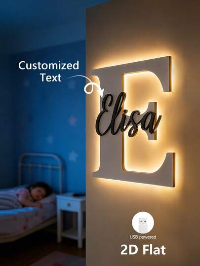 1 pieza Letra de madera iluminada personalizada para decoración de habitación de niños, luz LED alimentada por USB, nombre personalizado, diseño de doble capa único, 26 opciones de letras, decoración de guardería, letrero de puerta, regalo para el Día del Niño, Pascua, Ramadán, bautizo, regalo personalizado, diseño plano 2D
