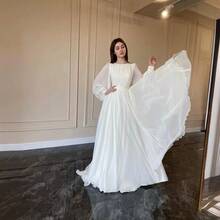 Fashion Lantern Pearl White Wedding Dress Round Neck Gown - trắng - Xem 3