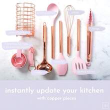Copper And Pink Kitchen Utensils Set - 17-Piece Silicone CooFKing Tools With Copper Utensil Holder And Pink Measuring Cups And Spoons For BaFKing And Everyday CooFKing - Stylish Kitchen Accessories - 粉紅色和銅色 - 查看 3