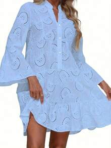 女士时尚休闲镂空蕾丝边半开领宽松长袖连衣裙 - 淺藍色 - 查看 3