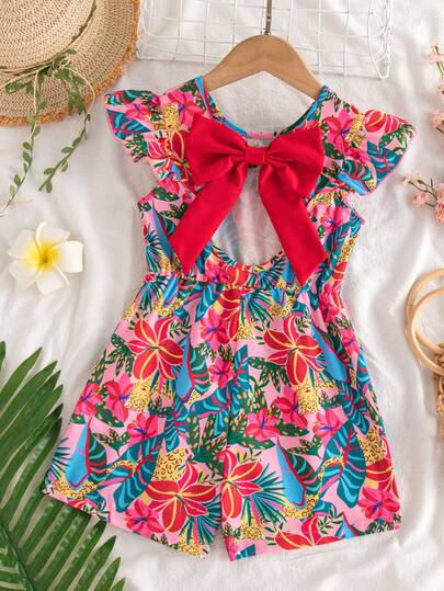 Young Girls Tropical Plant Floral & Leaf Print Cap Sleeve Backless Jumpsuit With Bow Decor, Suitable For Beach & Holiday