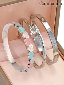 Camhanno 1件优雅不锈钢爱情手链，适合作为父亲节、母亲节、情人节、毕业典礼、婚礼和其他场合的礼物 - 銀色 - 查看 9