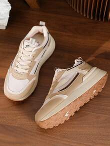 1 Pair Women's Chunky Waffle Sneakers, Thick Sole Elevated Casual Running Shoes, Spring/Summer - Khaki - View 9