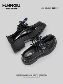 HUANQIU 黑色百搭厚底粗跟牛津鞋，休闲套脚乐福鞋，饰有格子蝴蝶结，日系JK风格 - 黑色 - 查看 3