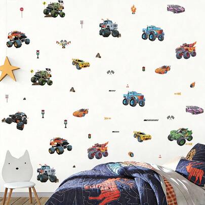 1/2pcsRacing Off-Road Car Themed Wall Stickers, Removable Self-Adhesive PVC Waterproof, Suitable For Children's Rooms, Bathrooms, Living Room Decorations, Home DIY Items, And Gifts For Kids.