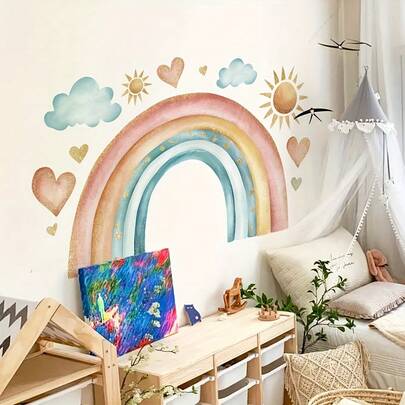 1/3pcs Boho Rainbow Wall Decals Watercolor Sun Clouds Heart Pattern Peel And Stick Vinyl Sticker For Bedroom Living Room Decoration Removable Aesthetic DIY Art Mural