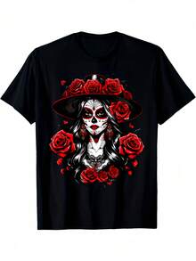 Camiseta para hombre La Catrina Día de Muertos - Diseño de calavera mexicana y La Calavera Catrina, camiseta vintage negra de 180g/m² con rosas rojas y sombrero, ropa informal unisex para adultos y para fiestas del Día de Muertos, cuello redondo y corte regular de estilo retro para hombre y mujer, estampado gráfico cultural vibrante, para todas las estaciones, celebración del Cinco de Mayo, moda tradicional mexicana, camiseta gráfica para hombre, camiseta para hombre, camiseta de grupo de rock, ropa para hombre, camisa para hombre - Negro - Ver 8