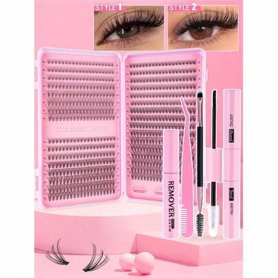 MEM 640 piezas Kit de extensión de pestañas, Set de extensión de pestañas DIY (8-16mm), Pestañas en racimo individuales Kit de extensión de pestañas en forma de D con pegamento, sellador y aplicador de pestañas, Set de pestañas, Racimos de pestañas, Pegamento para pestañas, Delineador de ojos negro artificial apto para uso diario, fiesta, viaje o regalo para familiares y amigos