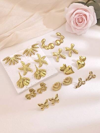 10 Pairs Multi Style Creativity Novelty Chunky Gold Earrings Stud For Girls, Vintage Gold Statement Bow Stud Earrings For Women Lightweight Knot Geometric Dangle Drop Earring Jewelry Vintage Gold Earrings For Women Spring European American Ins Style