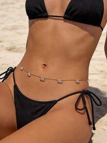 1pc Sexy Beach Vacation Style Pink Teardrop Satellite Stone Pendant Waist Chain, Fashionable Women Bikini Chain Body Jewelry Suitable For Ladies Vacation - Golden 3-satellite Pendant Waist Chain - View 5