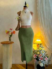 女士夏季度假法式休闲旅行派对性感Y2K复古优雅海滩休闲可爱无袖针织开衫和裙子套装 - 軍綠色 - 查看 1