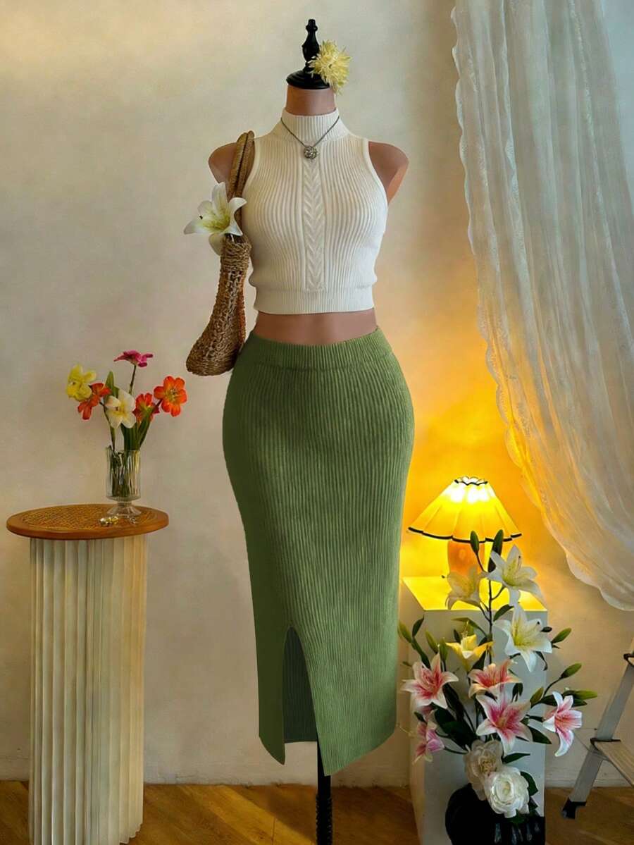 女士夏季度假法式休闲旅行派对性感Y2K复古优雅海滩休闲可爱无袖针织开衫和裙子套装 - 軍綠色 - 查看 1