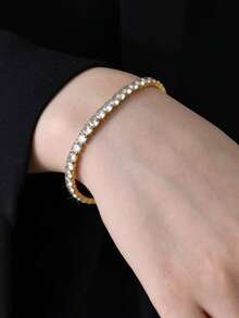 1pc Fully Paved Sparkling Zirconia Tennis Bracelet, Unisex Elegant Tennis Chain Single Row Minimalist Versatile Fashionable Jewelry - Tennis Bracelet - View 2