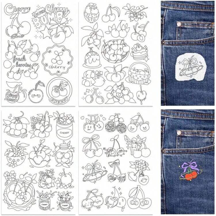 4 ورقات ملصقات تطريز قابلة للذوبان بالماء بنقوش الكرز للخياطة اليدوية للمبتدئين والعشاق، نقوش مطرزة مطبوعة مسبقًا على قماش غير منسوج لاصق ذاتي مع 16 لون خيوط و16 إبرة - A - مشاهدة 6