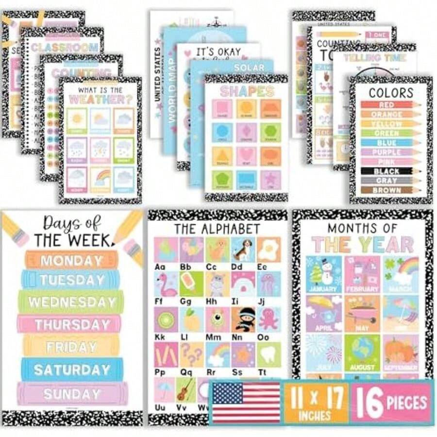 Hadley Designs 16 Educational Posters For Classroom Decor - Kids Learning Posters For Toddlers 1-3, Circle Time Learning Center, Daycare Essentials, Homeschool Posters Preschool, Chalk Playroom Decor(Composition Notebook) - 彩色 - 查看 1