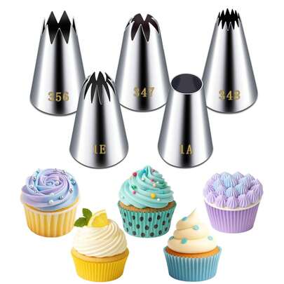 Large Piping Tips Set, Stainless Steel Frosting Piping Kit, 5 Pieces Pastry Cake Decorating Tips Baking Tools For Cookies Cupcake Decorating Kit (1A 1E 348 347 356)