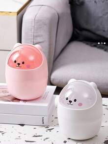 1pc Mini Cute Desktop Trash Can With Lid, Bedroom Bedside Office Paper Basket Small Garbage Bin - Two White - View 7