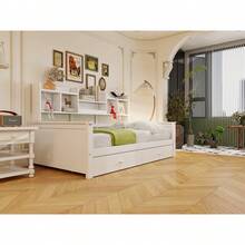Sofa Bed 90x200, Drawers And Shelves, Slatted Frame, Children's Bed, Youth Bed, Single Bed, Solid Wood Bed, White - White + Wood + 90cm*200cm - View 9