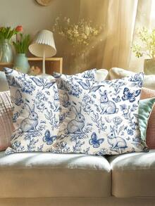1/2/4pcs Blue Easter Decoration Bunny Rabbit Floral Plant Throw Pillow Covers | Cute Funny Cosy Soft Decorative Pillowcases With One-Sided Printing, Polyester, Machine Washable, Contemporary Style For Spring Living Room Bedroom Sofa Bed Decor Without - Blue - View 6