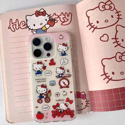 Sanrio 1个新款时尚骑行Hello Kitty蝴蝶结苹果草莓鳞片猫咪卡通少女风手机壳，兼容 17 Pro Max 16 Pro Max 15 14 Pro 13 12 11，简约小众手机壳，送给女朋友的独特礼物，情人节最佳选择
