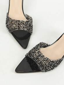 Mules de mujer negras con strass, punta puntiaguda, tacón de bloque de cristal transparente, espalda abierta, sin cordones, tacones altos para boda, fiesta de noche - Negro - Ver 7