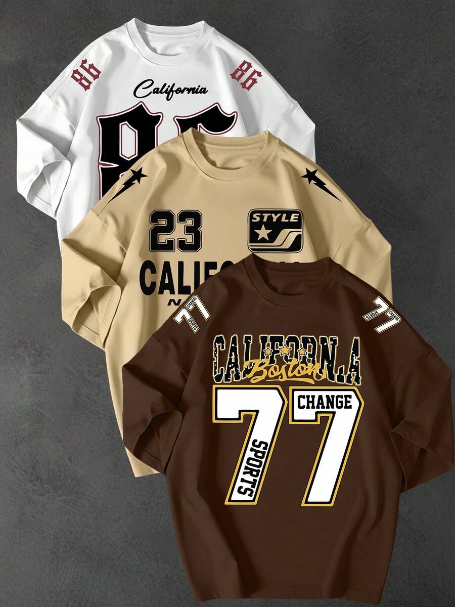 Kit Of 3 Oversized T-Shirts, Street Style, Streetwear, California, Sizes 30, 23, 96, Unisex, 100% Cotton, Loose Fit - White-beige-chocolate - View 1