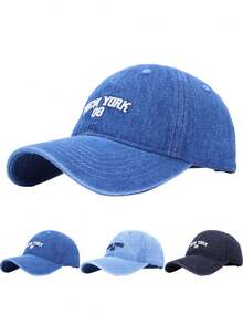 1pc New York 08 Embroidered Baseball Cap, Unisex, Washed Denim Soft Crown Curved Brim Hat - Multicolor - View 1