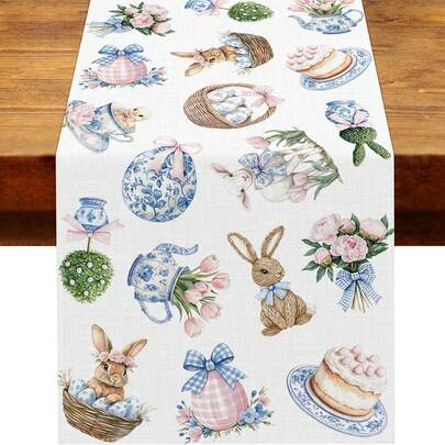 中式蓝色复活节桌旗，瓷器花卉印花春季派对装饰，家居厨房餐桌装饰