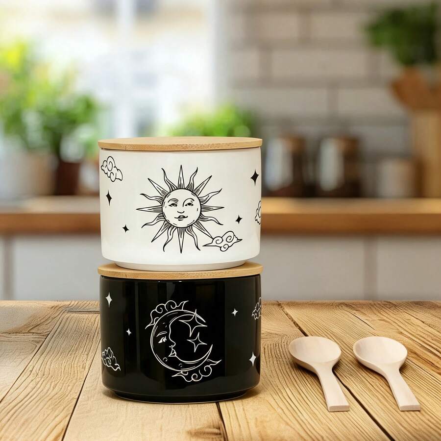 1/2pcs Retro Sun & Moon Design Salt Cellar With Bamboo Lid And Spoon, Stackable Elegant Ceramic Canister/Container/Bowl For Storage, Sea Salt, Spice, Sugar, Countertop, Housewarming Gift - Multicolor - View 1