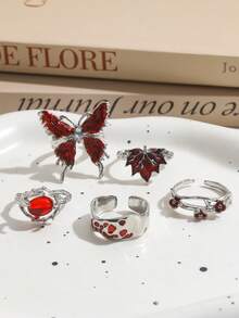 Bộ 5 chiếc nhẫn men đỏ kiểu nhỏ giọt, đính đá hình bướm máu, lá phong và hoa hình học phong cách Y2K. - Bạc - Xem 5