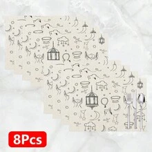 1 pieza/4 piezas/6 piezas Manteles individuales de lino con patrón de luna creciente, decoración de festival de Oriente Medio, adecuado para mesa de comedor, todo el año, lavable, decoración del hogar, mesa, cocina, fiesta interior/exterior, regalo ideal - Multicolor - Ver 12