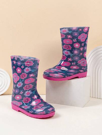 1 Pair Fashion Kids Floral & Dinosaur Pattern Rain Boots, Lightweight Waterproof Non-Slip Rubber Shoes For Boys And Girls, With Handle For Easy On/Off, Rain Boots For Rainy Days And Beach Play
