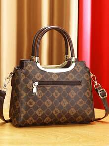 Chic 3pcs Women's Fashion Bag Set - Elegant Geometric Print, Faux Leather Tote With Crossbody & Clutch Wallet - Coffee - View 5