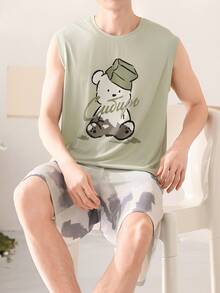 [AICJ Sleepwear]2pcs Men's Casual Loose Solid Basic Vest Top With Cartoon Letter & Bear Print, And Shorts Pajama Set, Suitable For Spring & Summer Wear - Mint Green - View 3