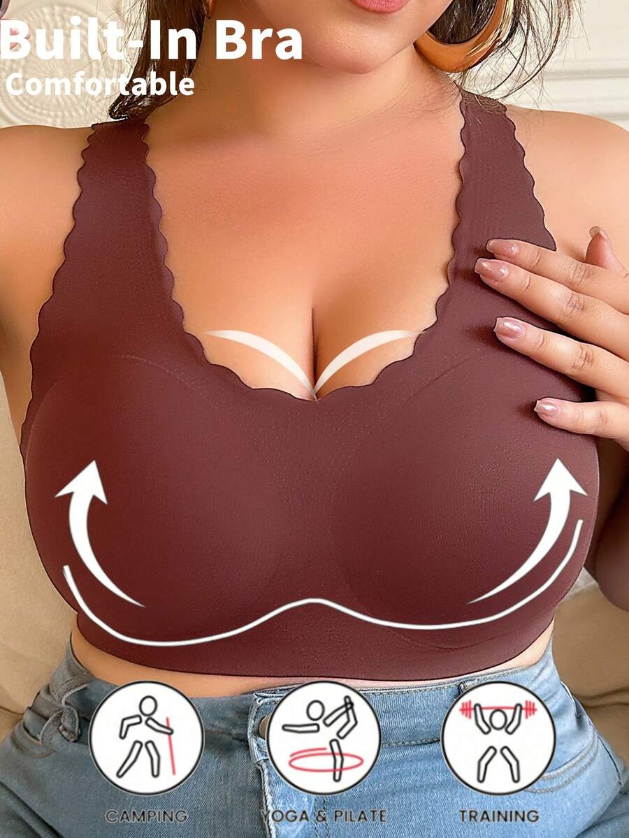 Plus Scallop Trim Wireless Bra - Brown - View 1