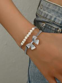 2pcs/Set Bow & Faux Pearl Bracelet Set, Fashion Jewelry, Elegant & Cute, Suitable For Beach, Vacation, Casual Wear - Multicolor - View 1