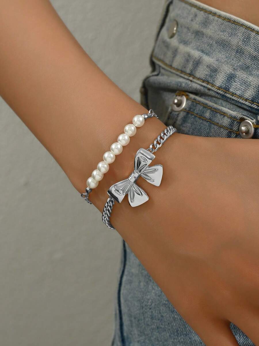 2pcs/Set Bow & Faux Pearl Bracelet Set, Fashion Jewelry, Elegant & Cute, Suitable For Beach, Vacation, Casual Wear - Multicolor - View 1
