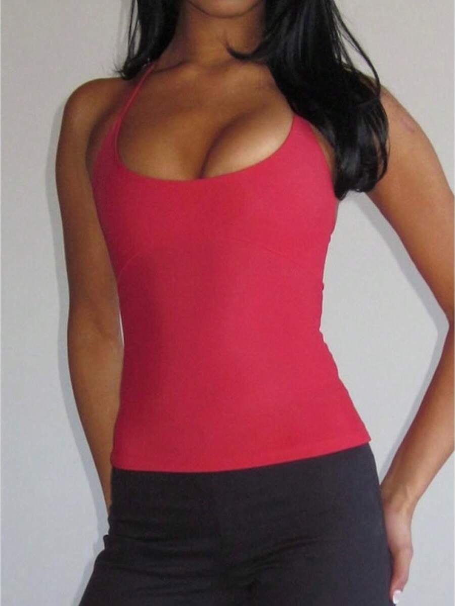 2026 Womens Spaghetti Strap Scoop Neck Halter Tops Backless Tank Tops Summer Sleeveless Slim Fitted Going Out Camisole Tank Shirts - Đỏ - Xem 1