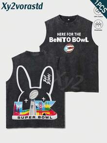 BadBunny Bowl Premium T-Shirt, Unisex, Benito Bowl Fan Gift, Sleeveless Printed T-Shirt, Y2K Style Streetwear Men's Tank Top (220g Pure Cotton), Vintage Pattern Fun Print, Hip-Hop Style, Men's Summer Crew Neck Short-Sleeved Casual T-Shirt, Summer Streetwear Men's Sportswear. - 黑色 - 查看 1