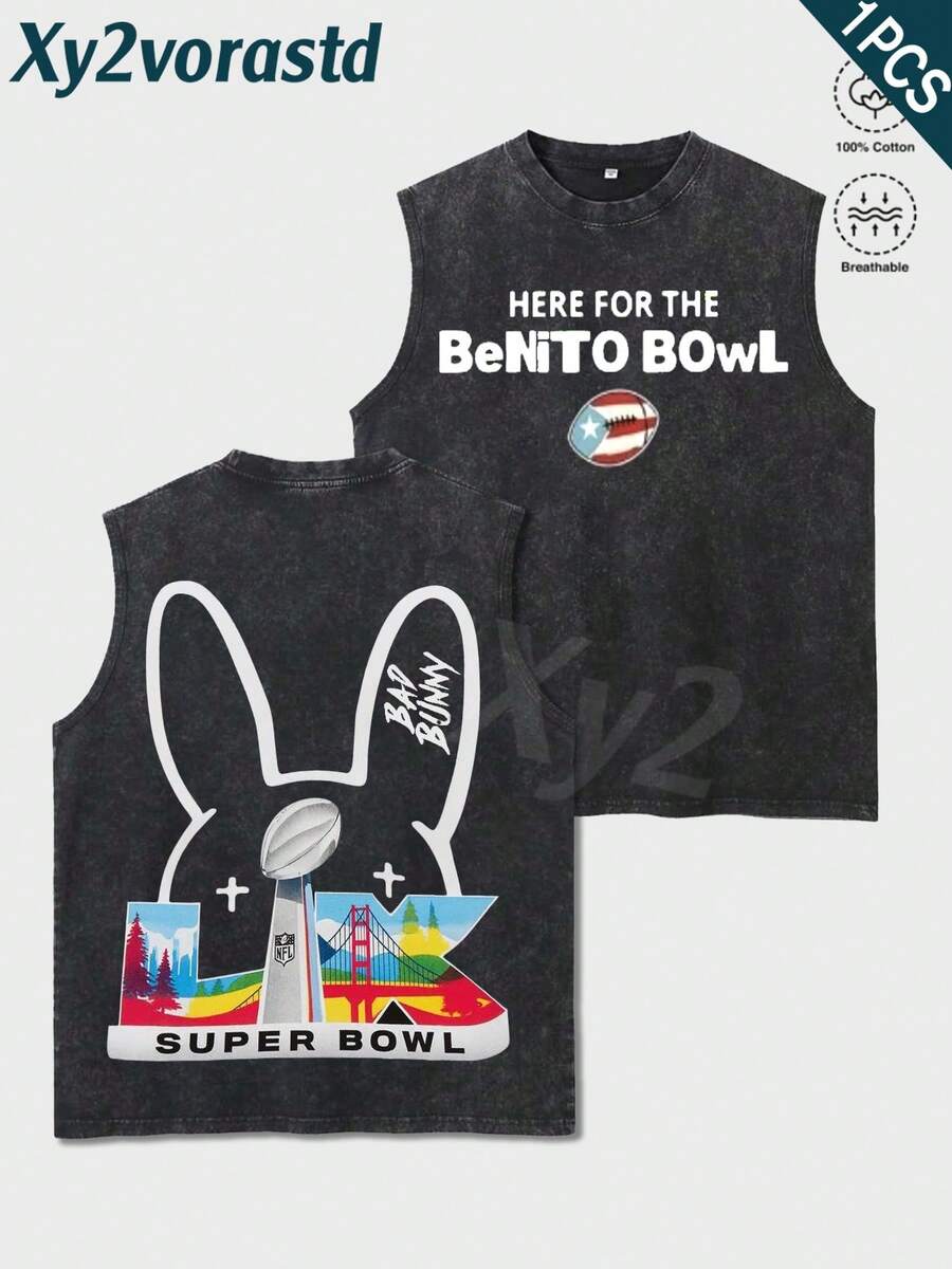 BadBunny Bowl Premium T-Shirt, Unisex, Benito Bowl Fan Gift, Sleeveless Printed T-Shirt, Y2K Style Streetwear Men's Tank Top (220g Pure Cotton), Vintage Pattern Fun Print, Hip-Hop Style, Men's Summer Crew Neck Short-Sleeved Casual T-Shirt, Summer Streetwear Men's Sportswear. - 黑色 - 查看 1