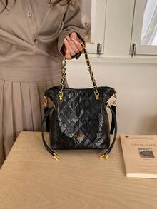 Casual Minimalist Diamond Embroidery Drawstring Bucket Bag, Lightweight Large Capacity Women's Shoulder & Crossbody Bag, PU Material - Black - View 3