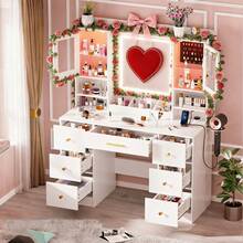 ✨Vanity, 7 Drawers White Vanity Desk With Mirror - Valentine's Gifts|Large Makeup Table Set With Cabinets And 3 Modes, 8 Storage Shelves With 2 Ultra-Clear Display Cabinets & 2 Ultra-Clear Dividers, 3 Storage Compartments, Top Shelf Included, Vanity Mirror With Desk Dressing Table For Bedroom, Includes Hairdryer Holder|Essential Makeup Vanity For School Club Performance Makeup Sessions|Perfect Addition To Makeup Routine For Shows,Gatherings And Festivals!|School Essentials|Hair Tools Organizer For Women|Enhanced Design|Suitable For Pet-Owning Households|Autumn & Winter Heartwarming Gift|Christmas & Halloween Gift|Newly Upgraded Thickened Edition|Thanksgiving Day|Celebration Gifts|NYE Party Gifts|Lunar New Year 2026|New Year's Eve|Home Essentials From You NEED|Made Me Buy It: Must-Haves To Stock Up On✨ - 白色 - 查看 7