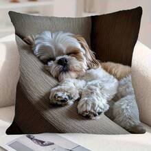 1 Buah Sarung Bantal Hias Motif Anjing Shih Tzu Lucu - Ukuran 17,7*17,7 Inci, Cetak Satu Sisi, Dapat Dicuci dengan Mesin, Dilengkapi Resleting, Desain Anak Anjing Tidur Cokelat & Putih, Cocok untuk Dekorasi Kamar Tidur dan Ruang Tamu, Tidak Termasuk Isian Bantal - MultiWarna - View 2