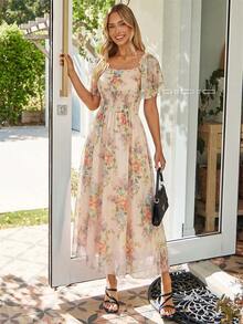 Elegant Square Neck Floral Mesh Tiered Flowy Vacation Beach Maxi Dress - 杏色 - 查看 6
