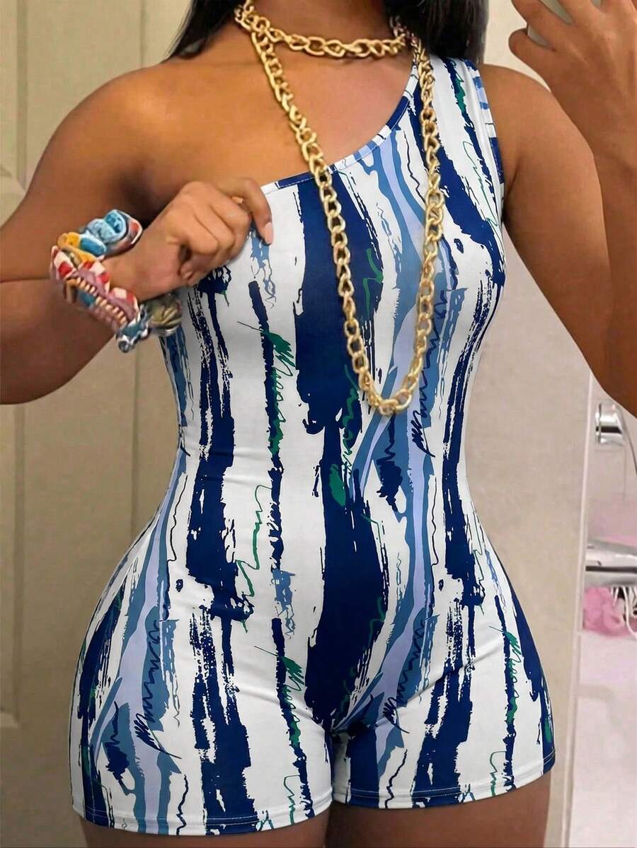 Women's Fashion Tie-Dye Print Strapless Jumpsuit, New For Spring/Summer - Blue - View 1