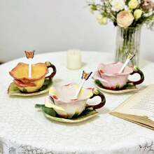 1SET Ceramic 3D Hand-Painted Pink Rose Flower And Leaf Tea Cup And Saucer Set,1pc Coffee Mug(Capacity: 150ml),1pc Saucer,1pc Butterfly Spoon,Valentine's Day, Mother's Day Gifts - Pink - View 1