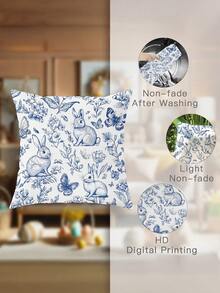 1/2/4pcs Blue Easter Decoration Bunny Rabbit Floral Plant Throw Pillow Covers | Cute Funny Cosy Soft Decorative Pillowcases With One-Sided Printing, Polyester, Machine Washable, Contemporary Style For Spring Living Room Bedroom Sofa Bed Decor Without - Blue - View 9